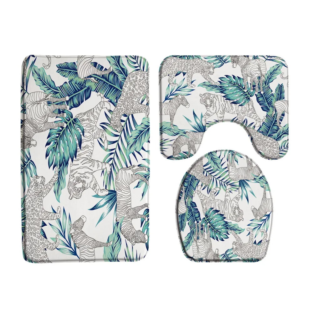 Tapete de baño de franela de microfibra absorbente, tapete de cubierta de tapa de inodoro, Toucans, loro, palmera, hojas, pájaro de la selva, decoración de baño