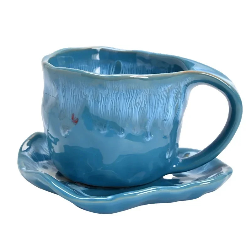 Creative Kiln-Transformed Irregular Ceramic Coffee Cup and Saucer Exquisite Latte Coffee Cup Afternoon Tea Dessert Beverage Cup