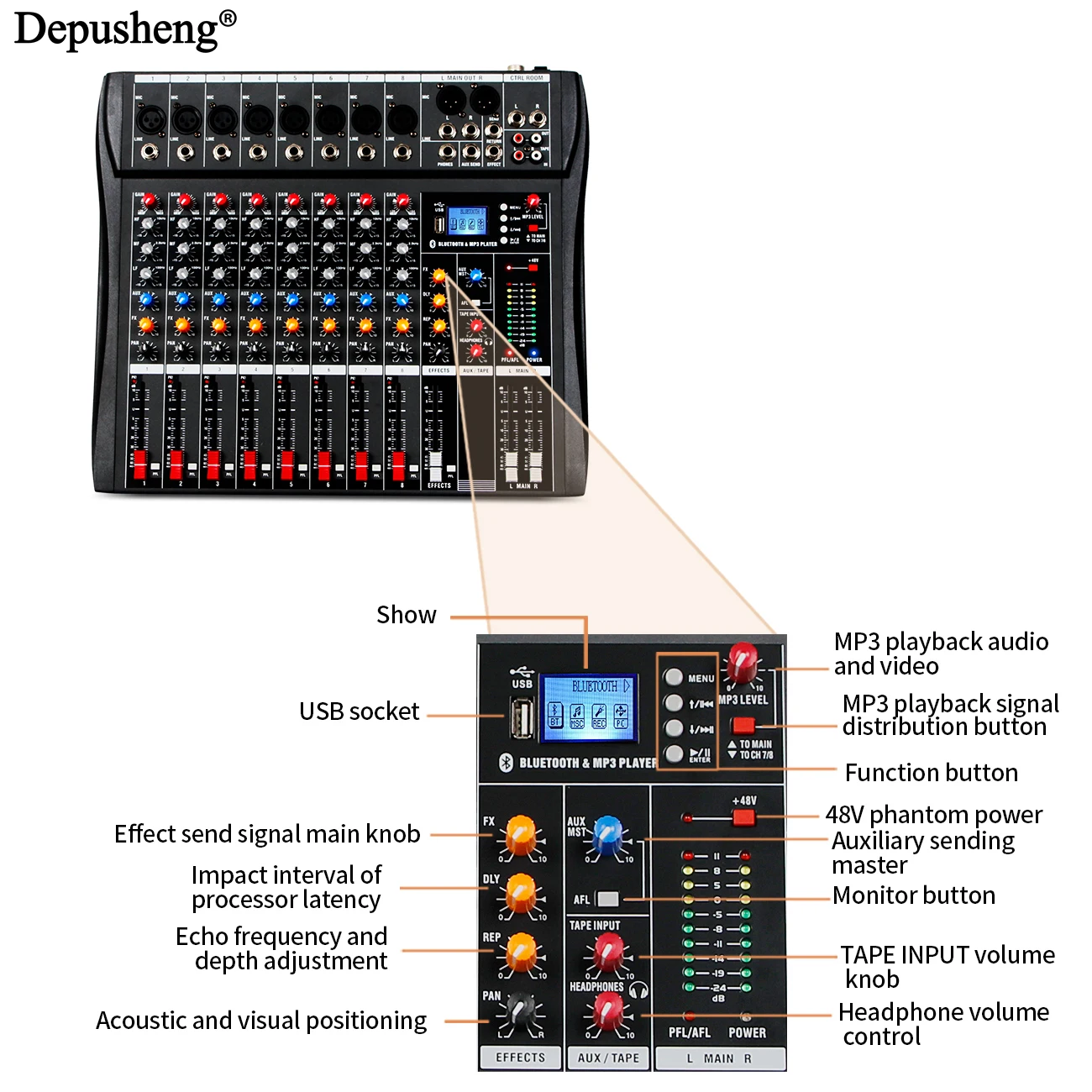Professional 8-Channel Mixing Console DSP Effect USB Bluetooth Reverb Stage Performance Wedding Home Karaoke