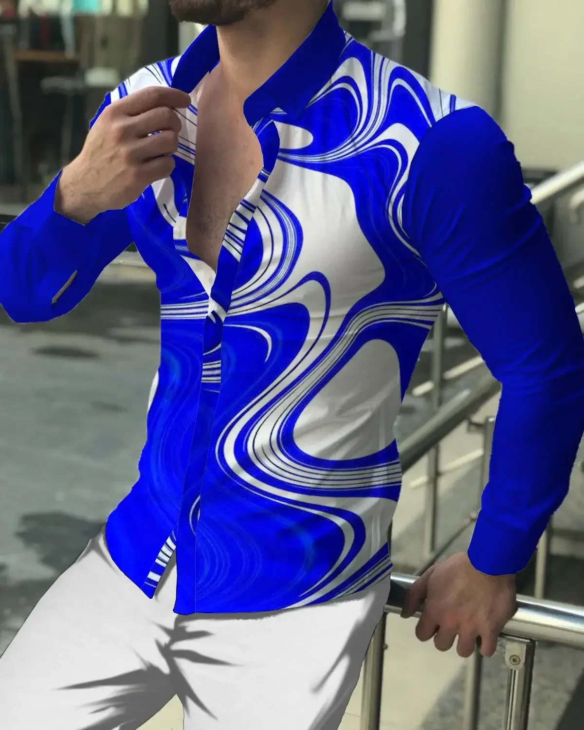 Spring Autumn Men's Luxury Comfortable Social Club Prom Bar Fashion Shirts Printed Lapel Designer Slim Long Sleeves