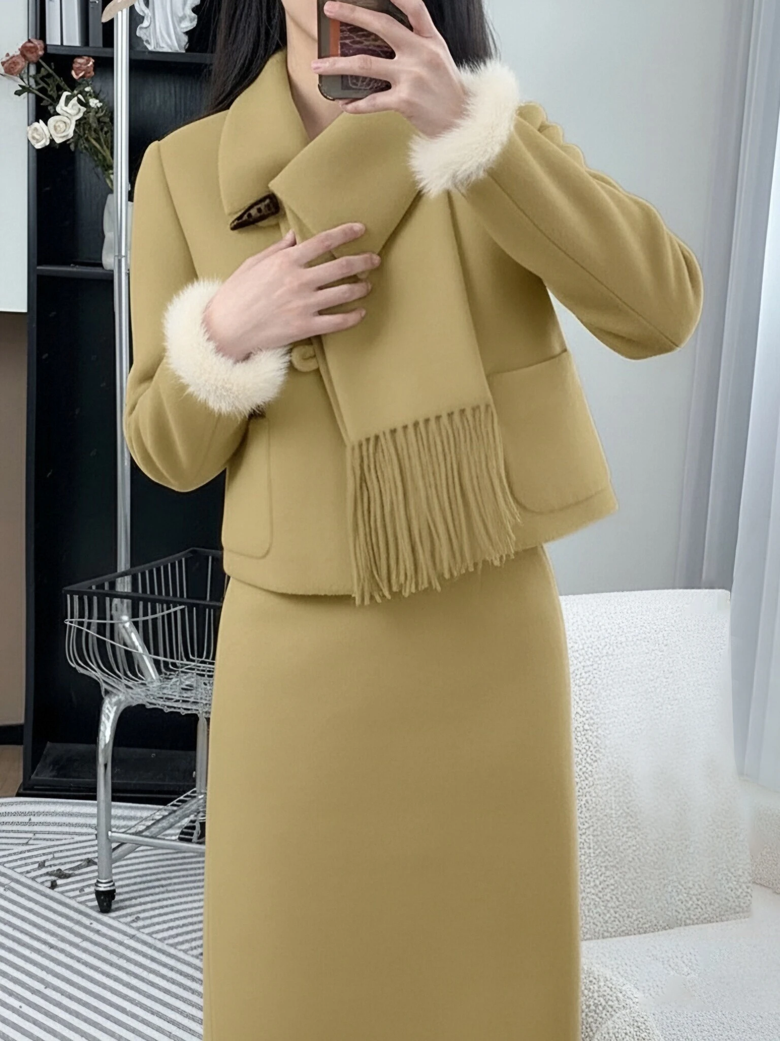 Conjunto de Saia e Casaco de Algodão Acolchoado para o Inverno, Novo, Estilo Francês, Duas Peças QY023A, Conjunto Feminino Longo