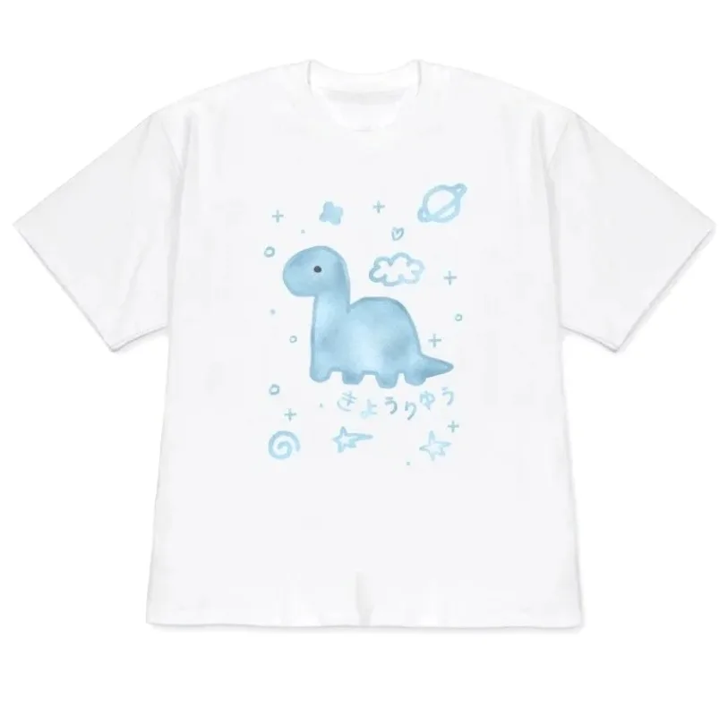 Minimalist Cute Dinosaur Doodle Graphic Tee Kawaii Space Print Short Sleeve Round Neck Casual Tee Women Y2k Korean Versatile Top