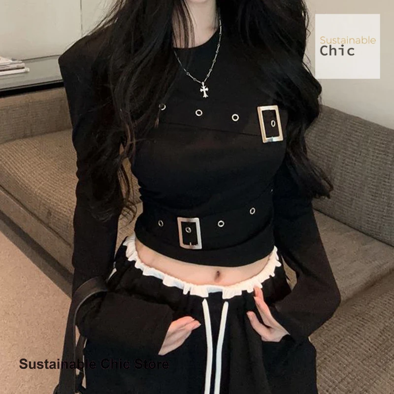 American spice girl round neck black bottoming shirt Joker long sleeve T-shirt women's spring and autumn new slim short top