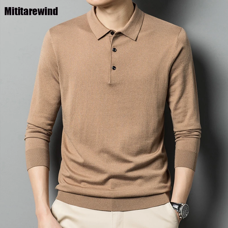

Spring Autumn Tops Men Business Casual Polo Shirts for Men Solid Pullover Knit Shirt with Wool and Silk Simple Versatile Tees