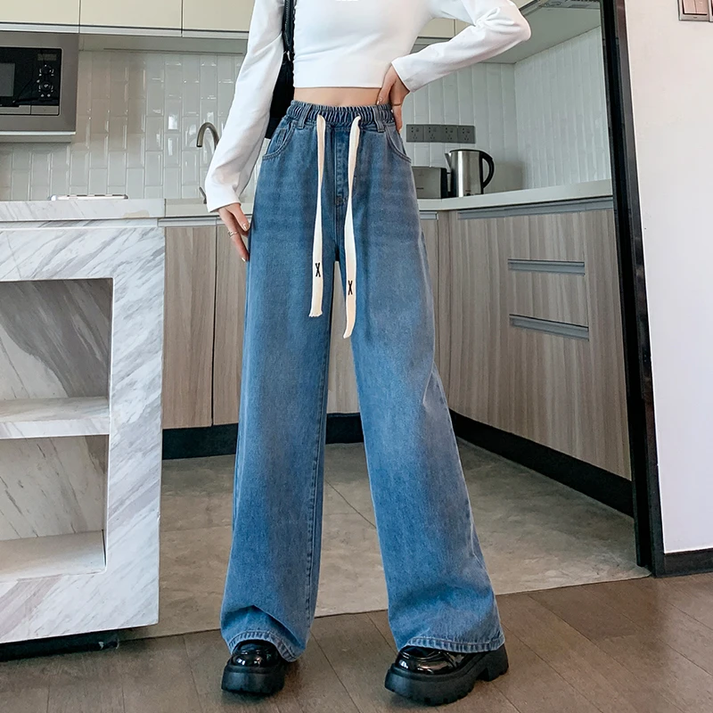 L-6XL プラスサイズの女性のジーンズ春 2025 ハイウエストストレートルーズブルージーンズズボンワイドレッグ巾着大きいサイズのジーンズ女性