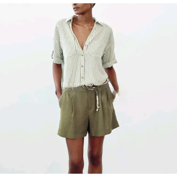 봄 여름 신상 여성 캐주얼 칼라 반팔 린넨 혼방 셔츠 레귤러 길이 폴리에스터 섬유 00% 화이트 셔츠