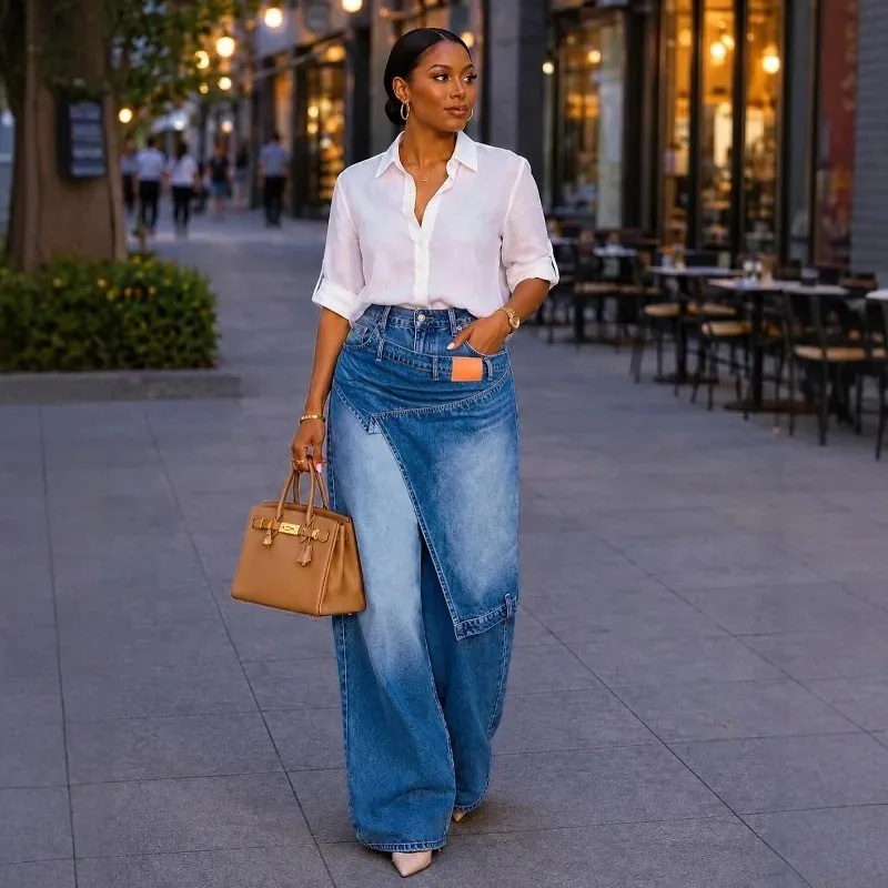 Women Irregular Wide Leg Denim Jeans High Waist Loose Straight Long Pants Streetwear Cargo Denim Trousers