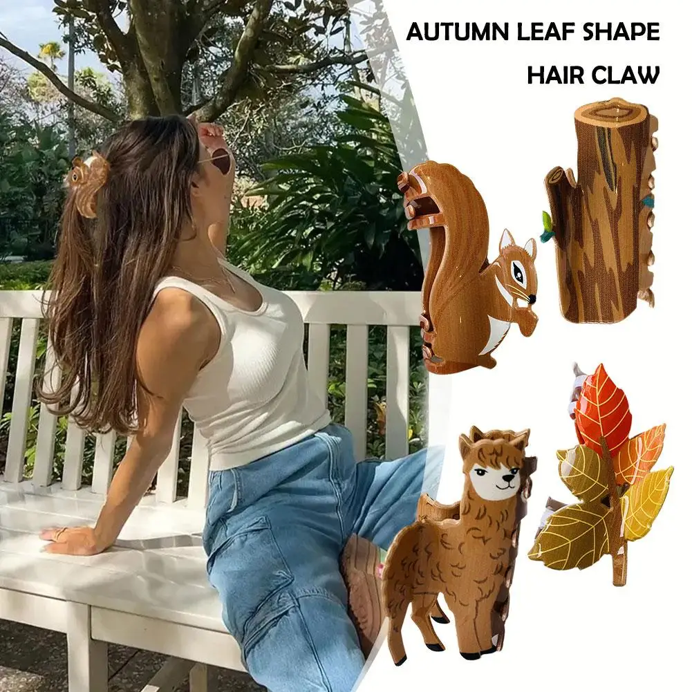 Autumn Leaf Shape Hair Claw Cartoon Forest Animal Squirrel Ladies Hold Hair Hair Accessory Clips Summer Claw Hair Claw Nons K4E0