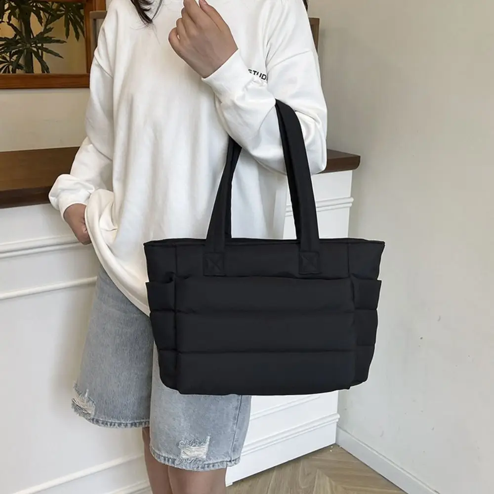 

Korean Style Down Cotton Shoulder Bag Solid Color Large Capacity Cotton-padded Tote Bag Lightweight Space Cotton Puffy Bag Lady
