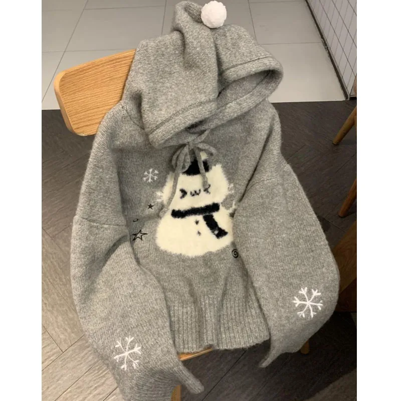 

Deeptown Kawaii Gray Women Sweaters Preppy Style Sweet Japanese Hooded Jumpers Cutecore Harajuku Oversized Knitted Pullovers