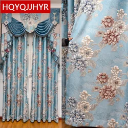 European 3D Blue Jacquard Decoration Full Blackout Luxury Living Room Curtains High Quality Custom Villa Bedroom Curtain