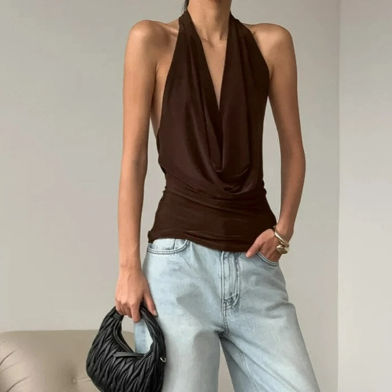 Sexy Hot Girl Style Low-cut Halter-neck Sleeveless Tank Top for Women Summer Fashionable High-end French Niche Slimming Design