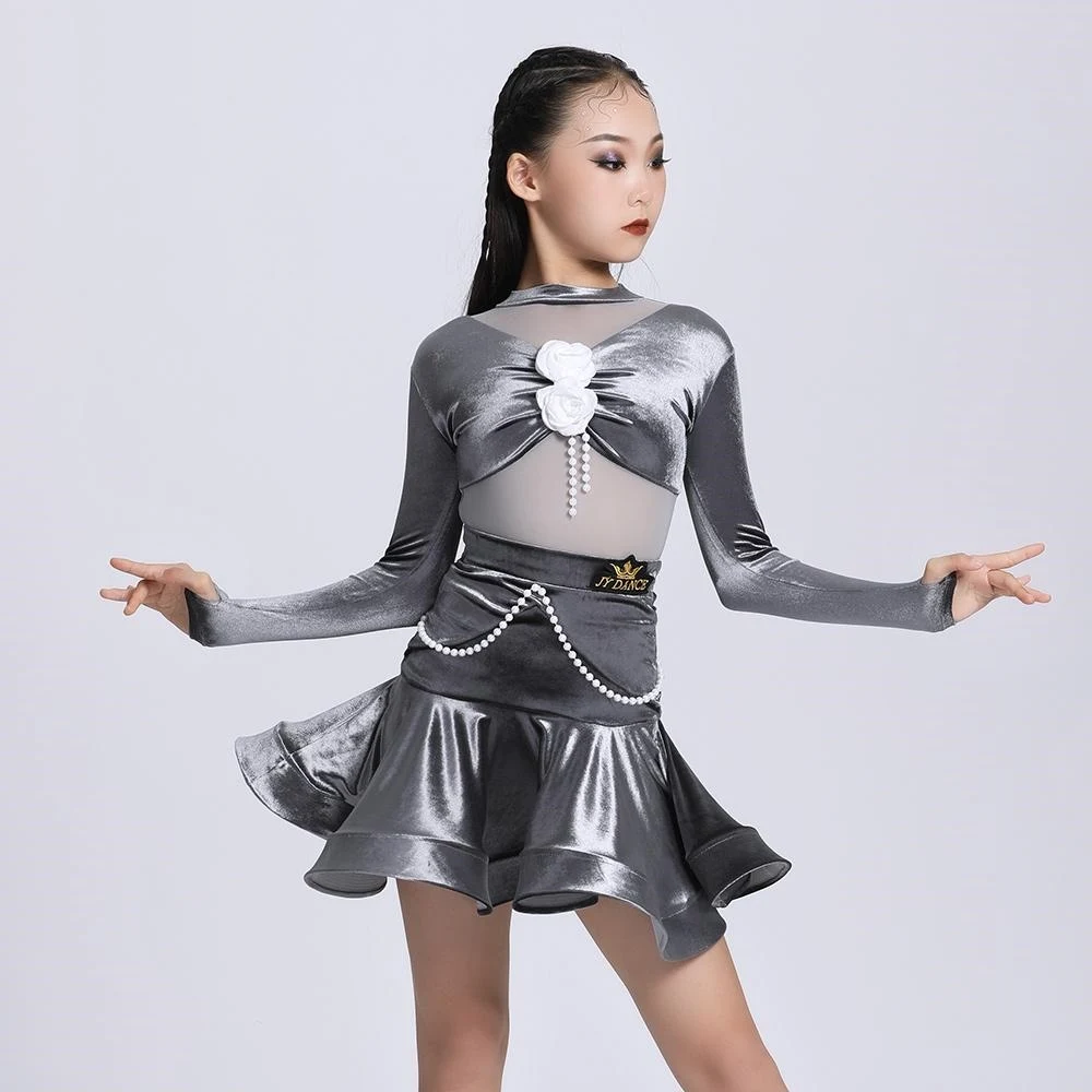 어린이 볼룸 댄스 전문 의류, 소녀 벨벳 라틴 댄스 드레스, 어린이 볼룸 댄스 코스튬 무대 착용, SL11835