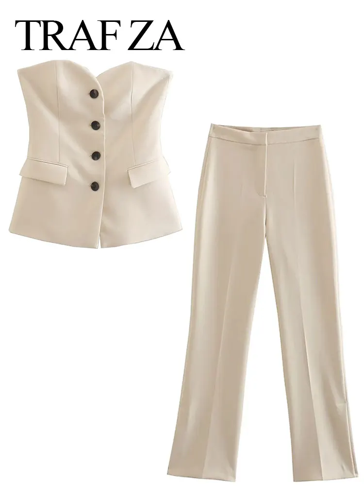 TRAFZA Sleeveless Off Shoulder Tube Top Slim Single Breasted Commuter Blazer + Pants Simple All-match Straight Trousers Set