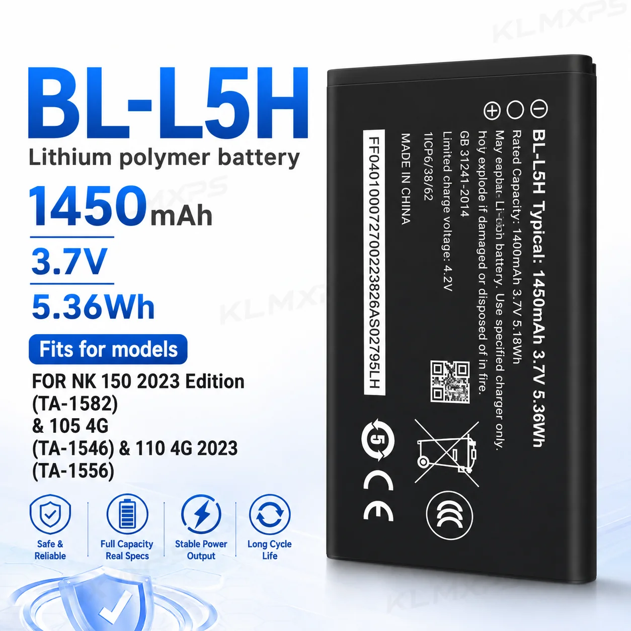 BL-L5H Replacement Battery 1450mAh 3.7V Li-Polymer Rechargeable Battery for NK 150 105 4G 110 4G 2023 TA-1582 TA-1546 TA-1556