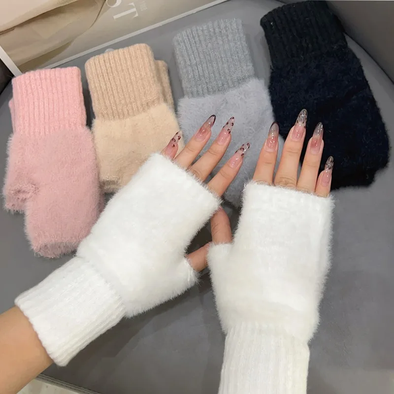 Mink Fleece Fingerless Gloves Women Warmth Winter Soft Plush High Quality Wrist Half Fingered Glove Working Studying Accessories