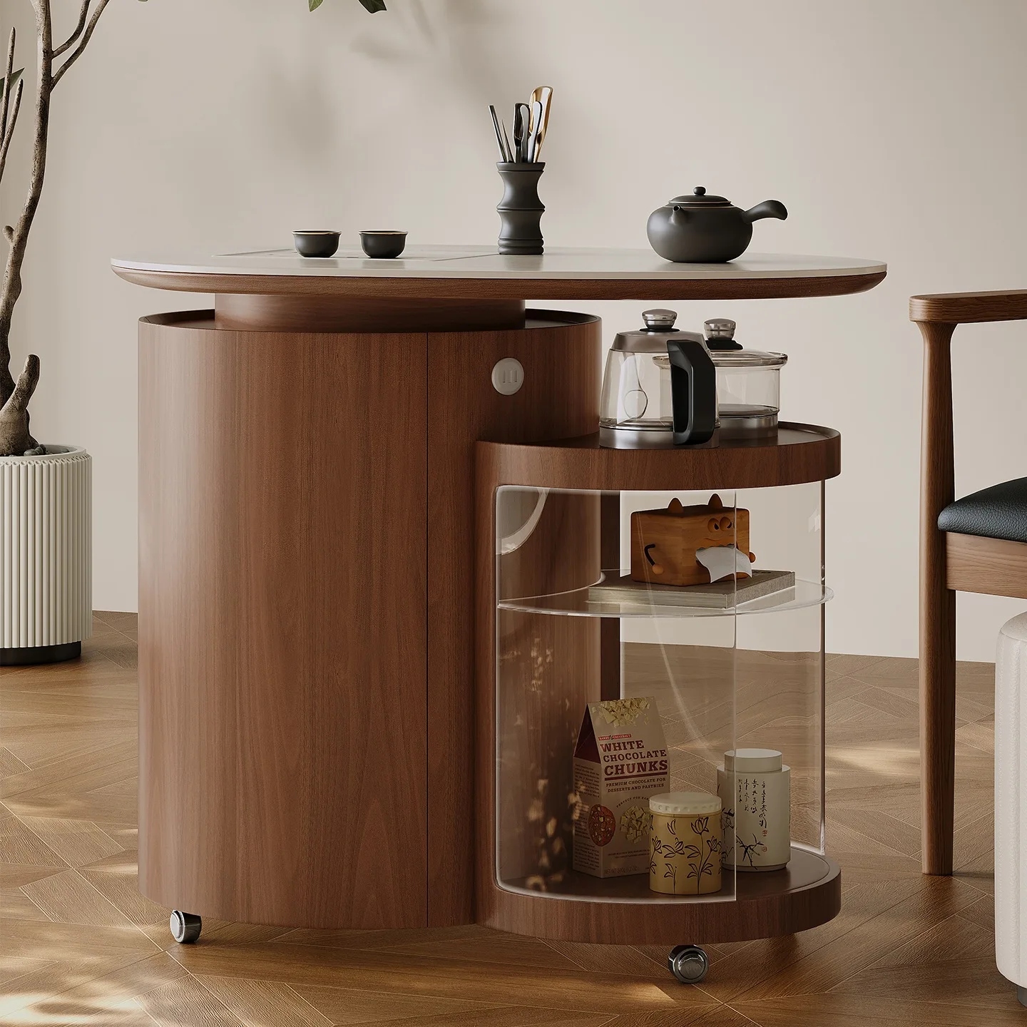 French medieval walnut family tea cart mobile side few Kung Fu tea table boiling water integrated solid wood tea table