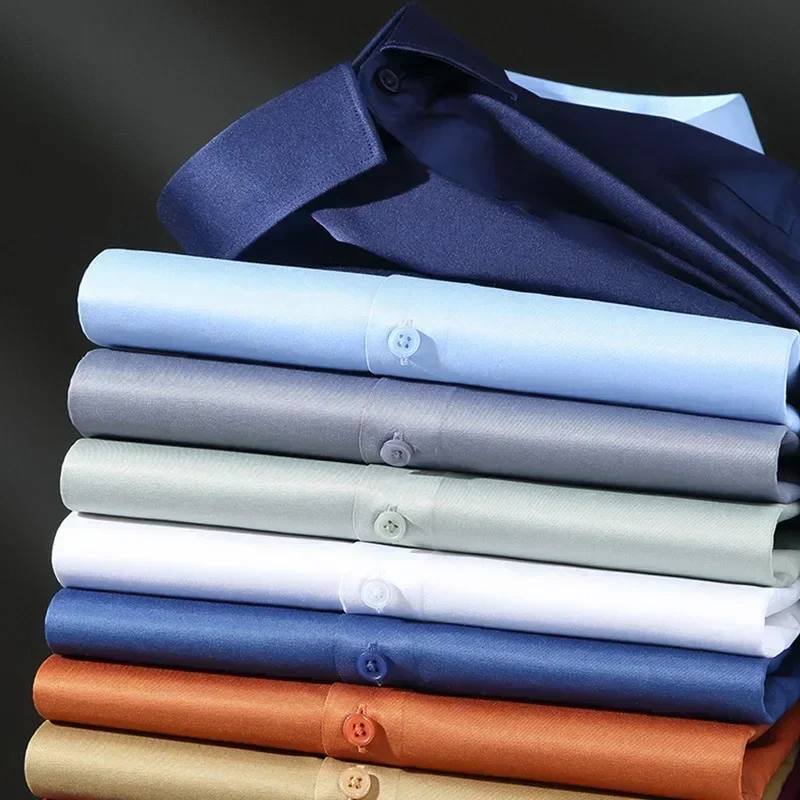 

Men's green shirt quality long sleeved solid color business professional elastic wrinkle resistant silk smooth formal shirt