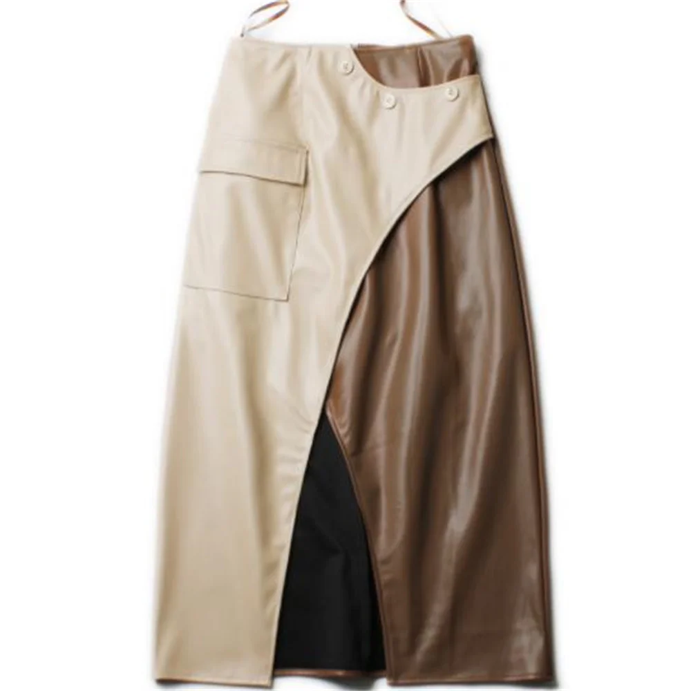 Irregular Patchwork Skirt pu  Leather Skirt Pocket Button Casual Fashion women long Skirt