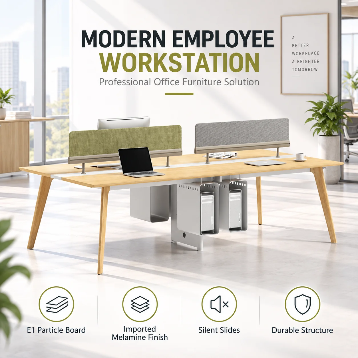 Modern Wooden Office Workstation Desk With PC Holder 4 Person Modular Bench System For Staff Office Area