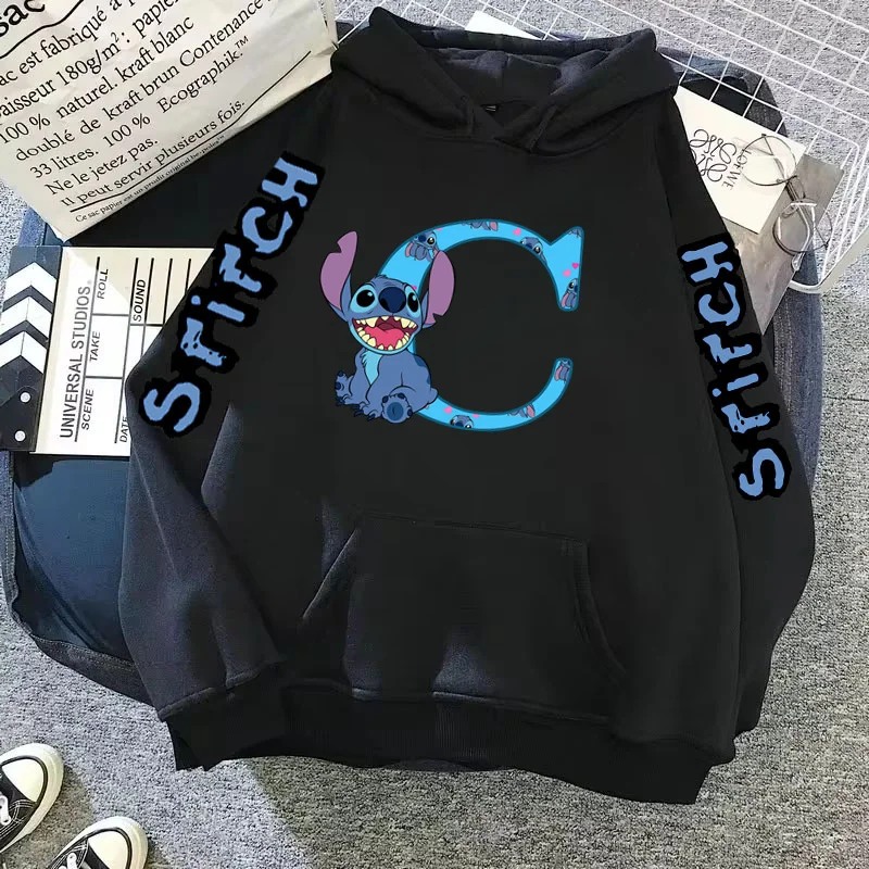 2024 Women\'s Winter Jacket Cute Kawaii Disney Lilo & Stitch Lucky Letter Print Black Hoodie Fashion Couple Streetwear Sportswear