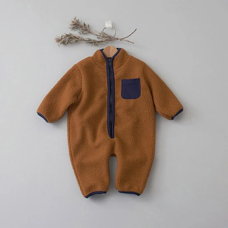 New Korean Autumn Winter Warm Infant Baby Clothes Cozy Sherpa Solid Onesie Creeper Jumpsuit Romper for Boys & Girls Outdoor Wear