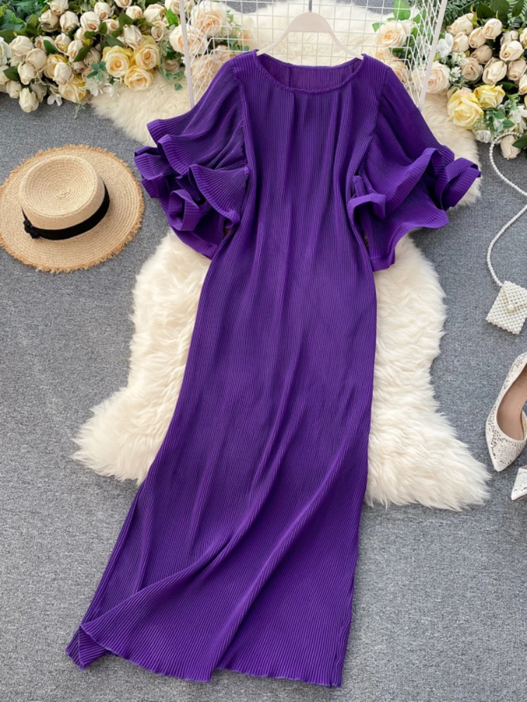 Korean Style Pleated Dress Women Fashion 3D Double Layer Ruffled Sleeves Loose Mid Length Dresses Summer Casual Long Dress