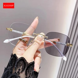 KLASSNUM Women Anti Blue Light Glasses Photochromic Rimless Glitter Temple Transparent Colored Changing Sunlasses Decorative