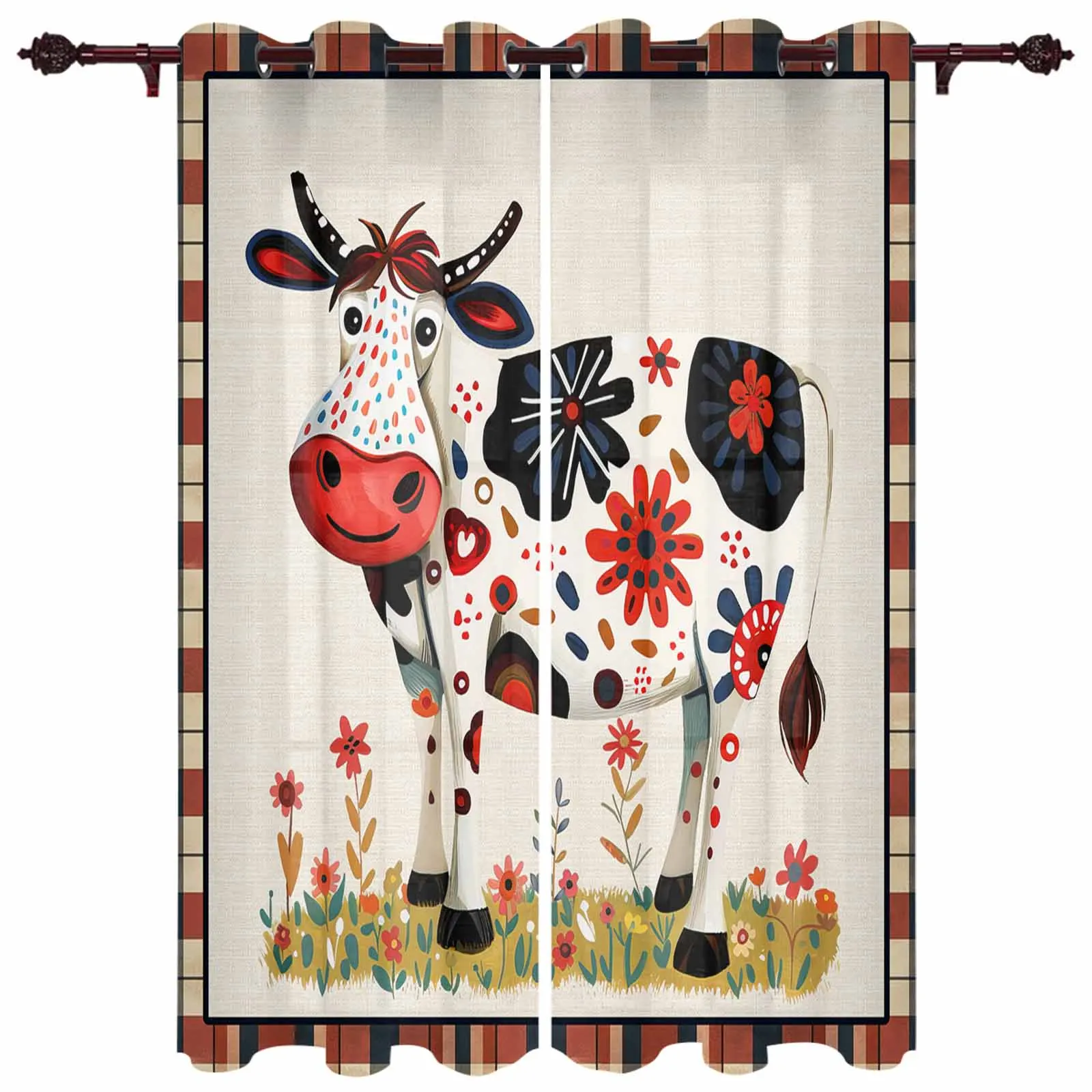 

Animal Ox Watercolor Floral Plaid Curtains for Living Room Hotel Decor Window Treatment Luxury Drapes In Home Kitchen Bedroom