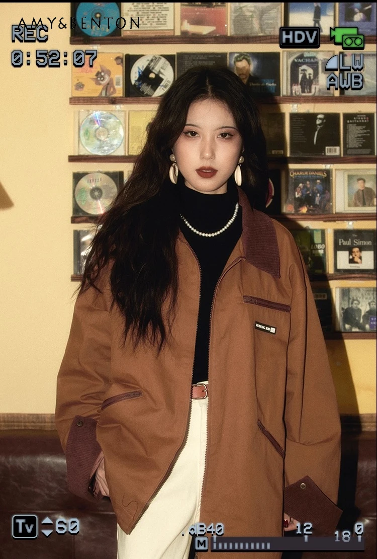 

Spring and Autumn New Vintage Women's Green Patchwork Lapel Jacket Couple Style Loose Casual Coffee Color Khaki Jacket