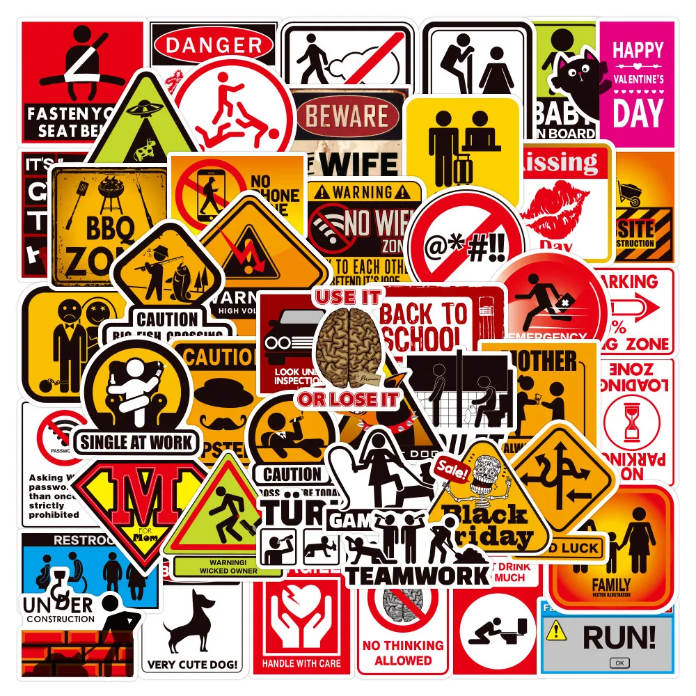 50pcs Warning Sign Stickers, Caution Symbol Decals for Laptop, Water Bottle & Scrapbook DIY Decor Papery Pop Store