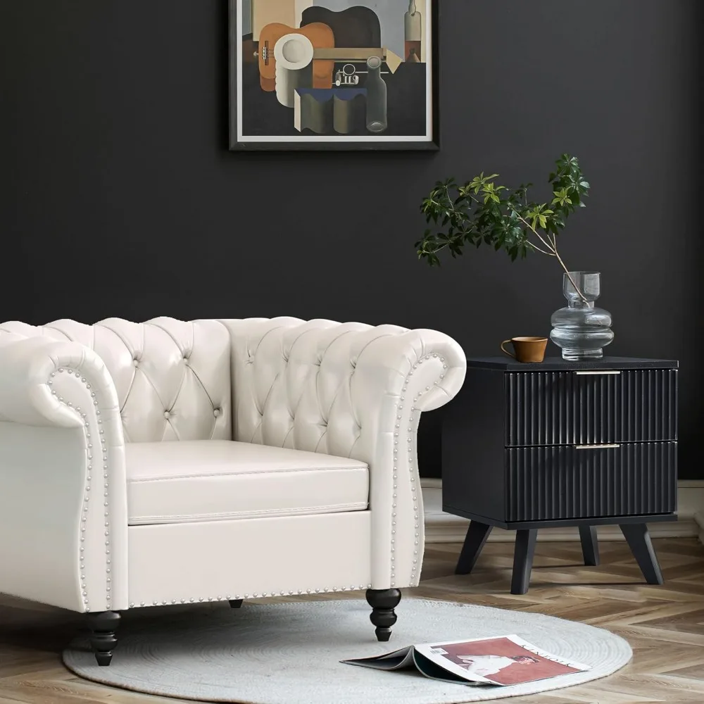 Mesa de cabeceira moderna de meados do século com 2 gavetas, mesa lateral compacta para quarto com design canelado