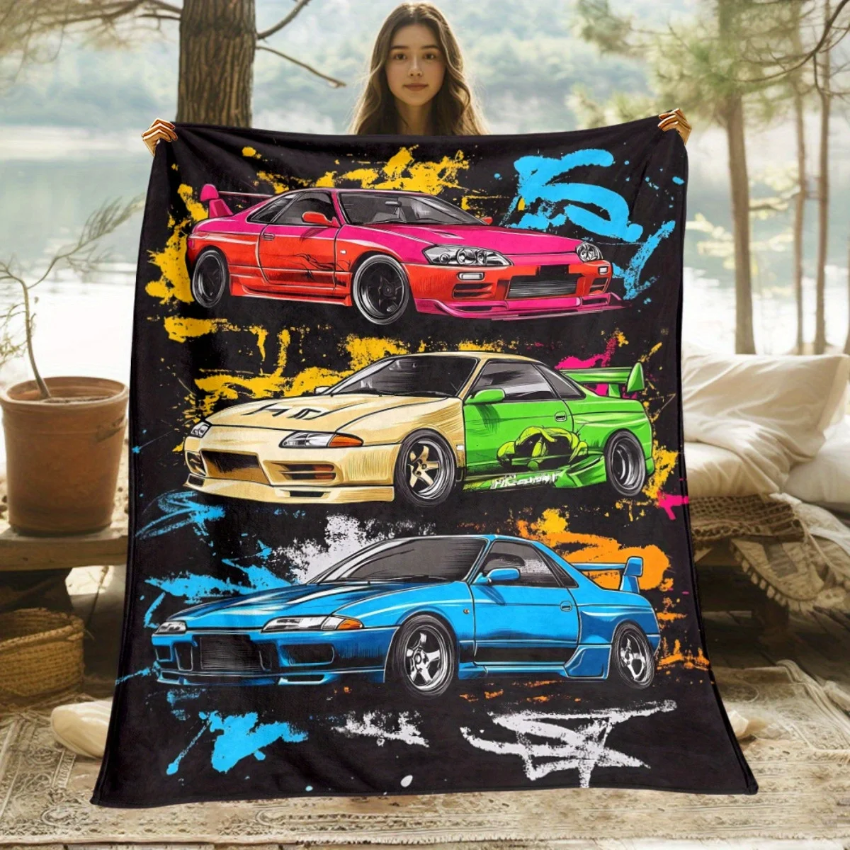 Large JDM Anime Sports Car Graffiti Blanket Throw 150x230cm Aesthetic Japanese Car Lover Gift Home Decor