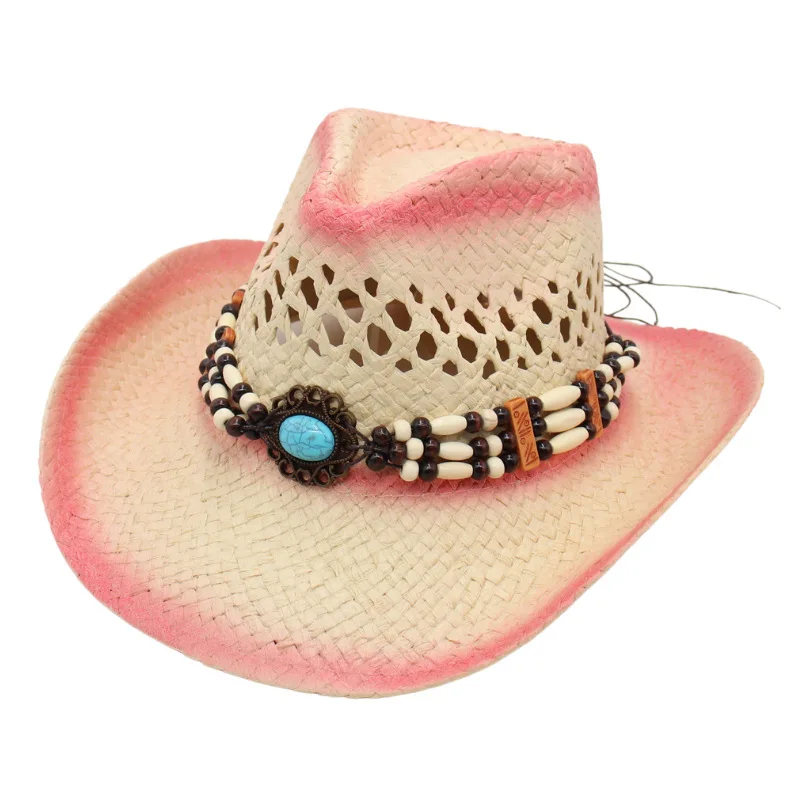 Wish Sweet Cool Style Beach Hat Western Cowboy Hat Hollow Sun Hat Gem Pink Straw Hat Jazz Hat Men And Women