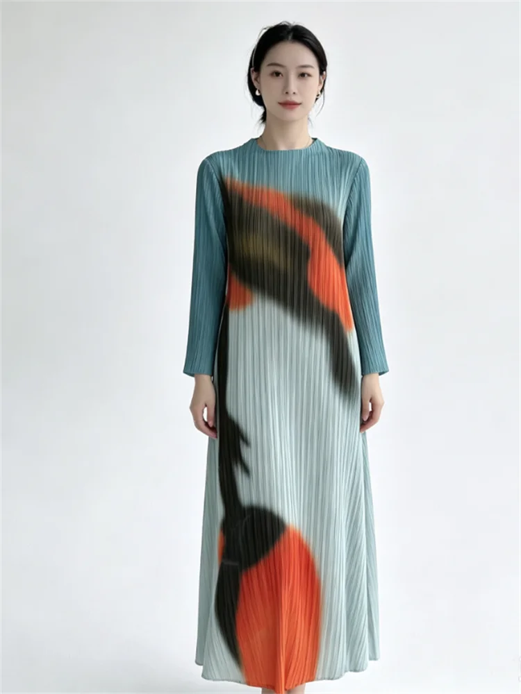 Women Blue Orange Abstract Print Pleated Dress Long Sleeve Loose Casual Maxi Dress
