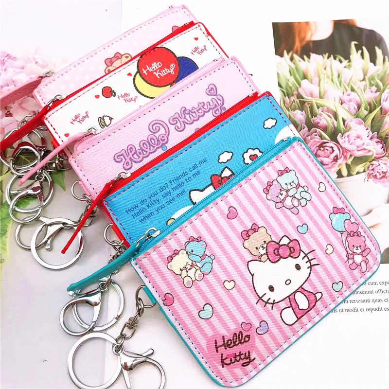 Kawaii Sanrio Hello Kitty Students Pu Campus Card Holder Coin Purse Cute Keychain Anime Card Case Pendant Woman Wallet Girl Gift