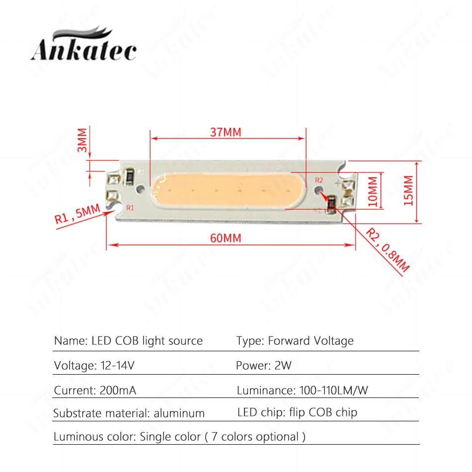 2W 200mA DC 12V LED COB Light Source Long Aluminum Plate Warm White Orange Yellow Red Green Blue Purple Lamp Chip for Floodlight