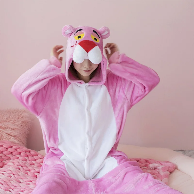 Różowy lampart Kigurumi jednorożec zestawy piżam flanelowa piżama w kształcie zwierzątka damska zimowa koszula nocna bielizna nocna Homewear przebranie na karnawał