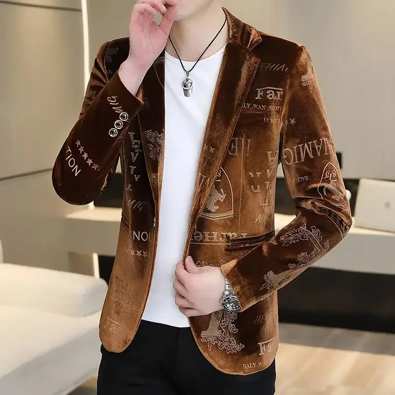 Brand Clothing Luxury Velvet Suit Jacket Men Fashion Bronzing Printed Blazer Masculino Slim Fit Casual Business Social Blazers