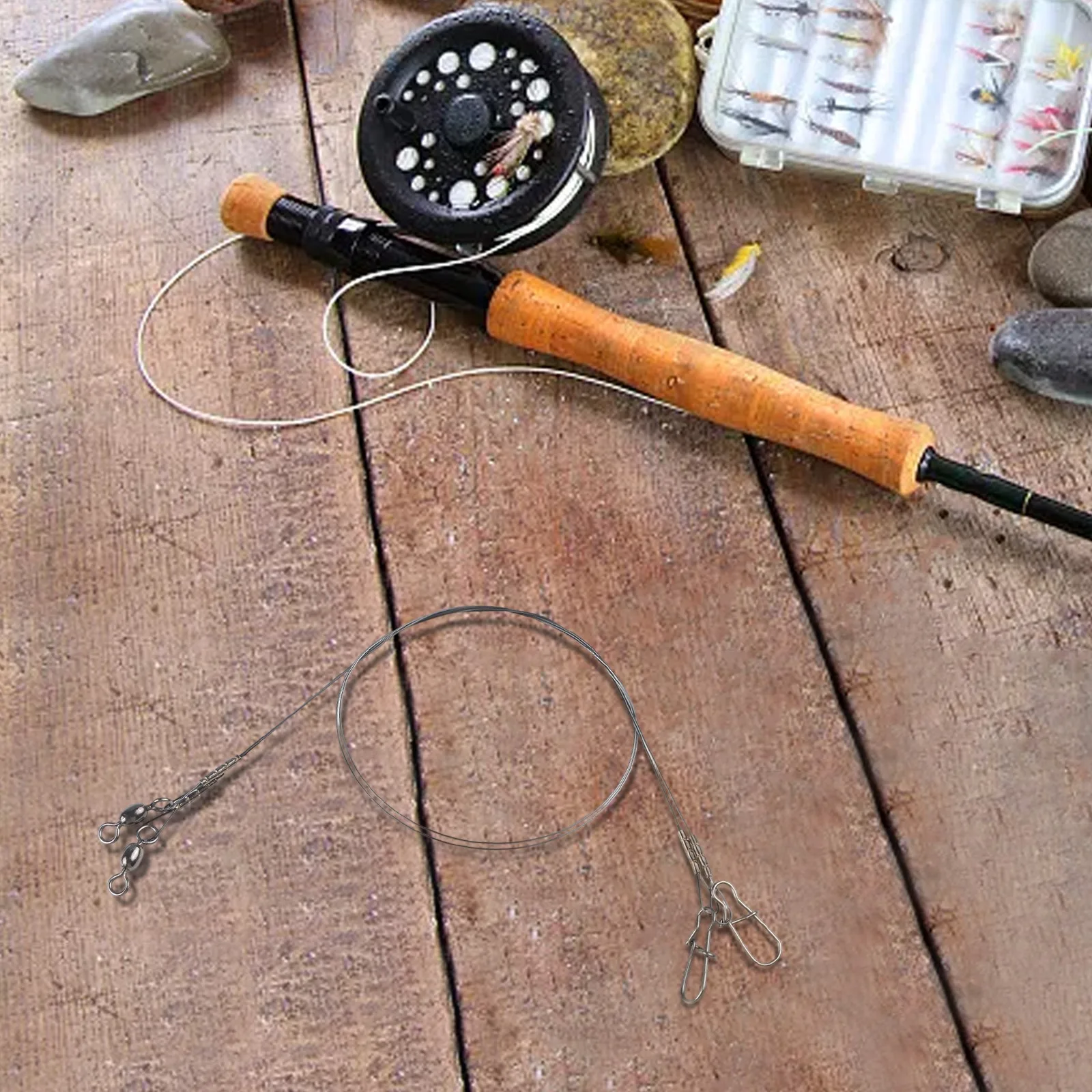 2 قطعة خط زعيم سلك التيتانيوم الصيد مع قطب الثنائي قفل المفاجئة مكافحة لف سلك التيتانيوم مكافحة لدغة سلك الصيد أداة التبعي #2