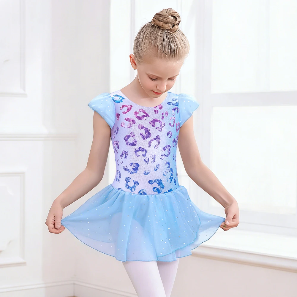 Mädchen Ballett-Trikots mit Rock Ballett-Tutu Tanzkleid Kleinkind Flatterärmel Leoparden-Gymnastik-Tanzkleidung