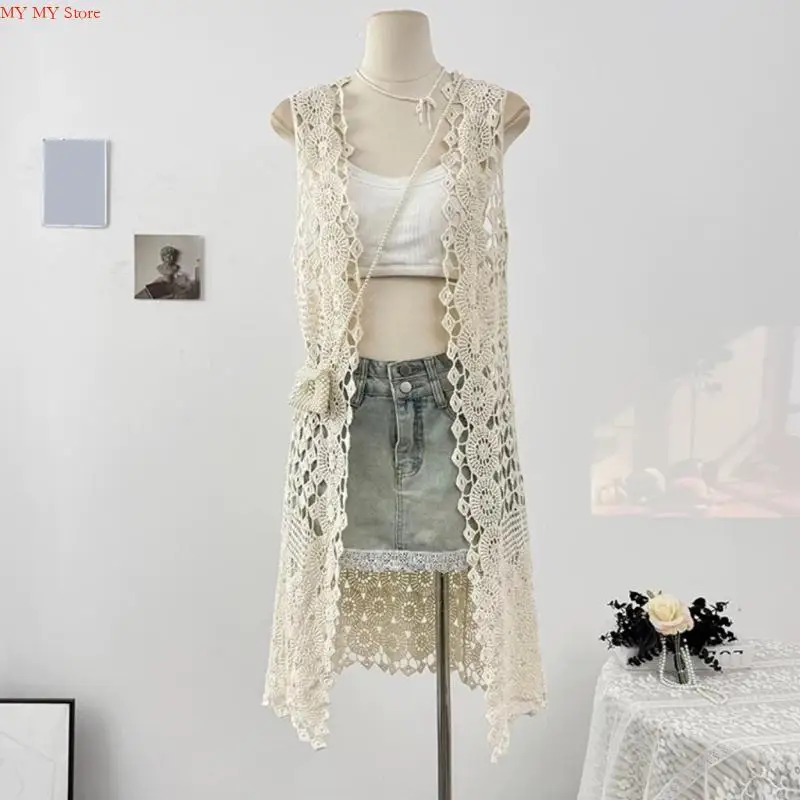 N1HE Lightweight Crochet Lace Top Beach Cover Up Fashion Sleeveless Cardigan For Casual Outfits Multi Occasion Wear