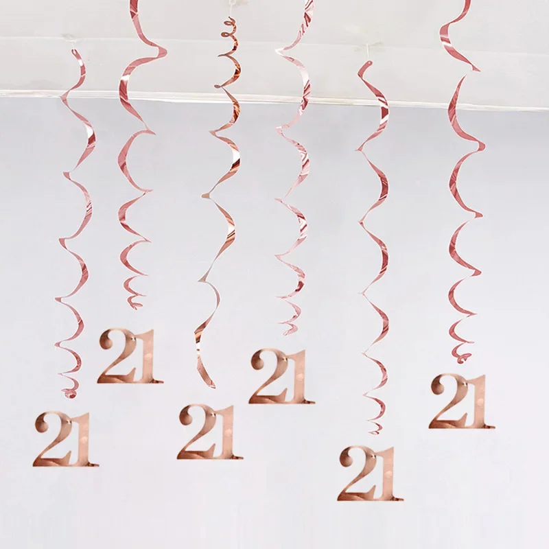 6Pcs Rose Gold Happy Birthday Number Hanging Swirls Backdrop for 16/20/21/30/40/50/60/70/90th Birthday Party Decoration Supplies