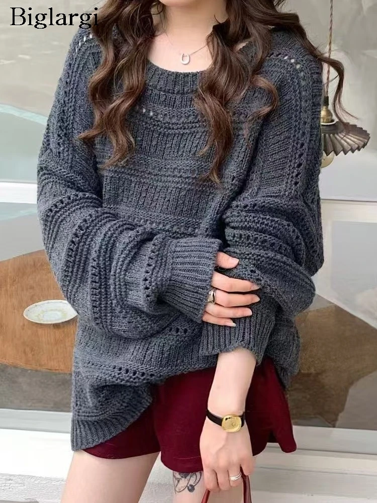 

Knitted Autumn Pullover Sweater Women Korean Style Loose Fashion Hollow Out Ladies Sweaters Casual Long Sleeve Woman Sweater
