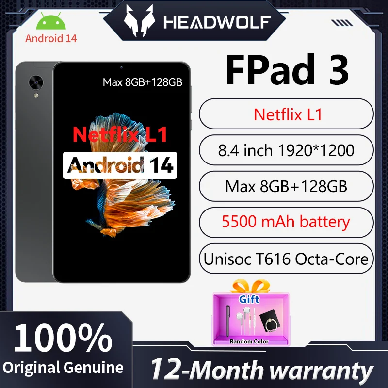 HEADWOLF-Tablette de 8.4 pouces FPad3 Android 14, avec Netflix L1, 8 Go de RAM, 128 Go de ROM, Dean Unisoc T616 Octa-core, 4G persévérance, pour touristes, EpiPhone, 5500 mAh