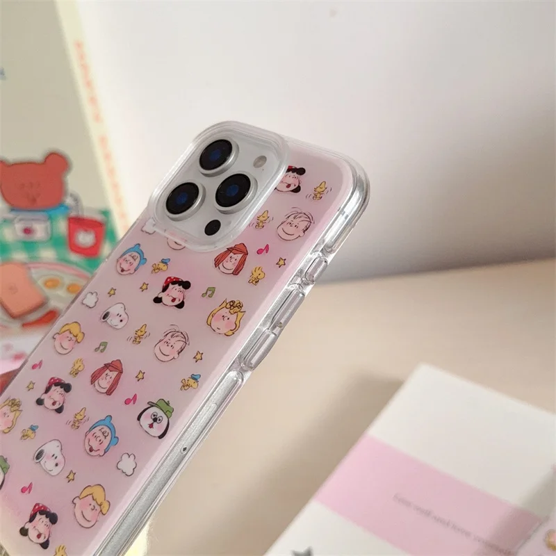 Engraçado dos desenhos animados bonito snoopy charlie marrom uma família feliz capa de telefone para iphone 13 14 15 16 pro max gradiente rosa snoopy caso