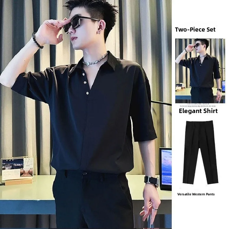Korean High-End Men's Lightweight Luxury Seven-Arm Shirt Summer Versatile Short-Sleeve Blouse West Pants One-Piece Set