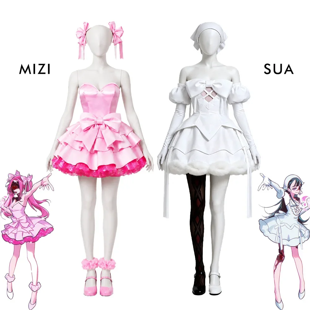 Alien Stage Zombie State Mizi Cosplay-Kostüm Rosa Minikleid Niedliche Große Schleife Glitzer-Rüschenrock Idol-Bühnenoutfit Komplettset