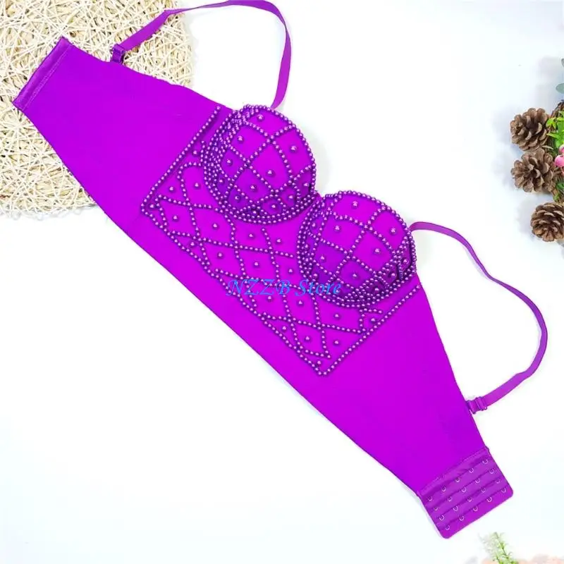 

T21F Stylish Fishbone Structure Camisole With Pearls Decoration Crop Tops For Parties