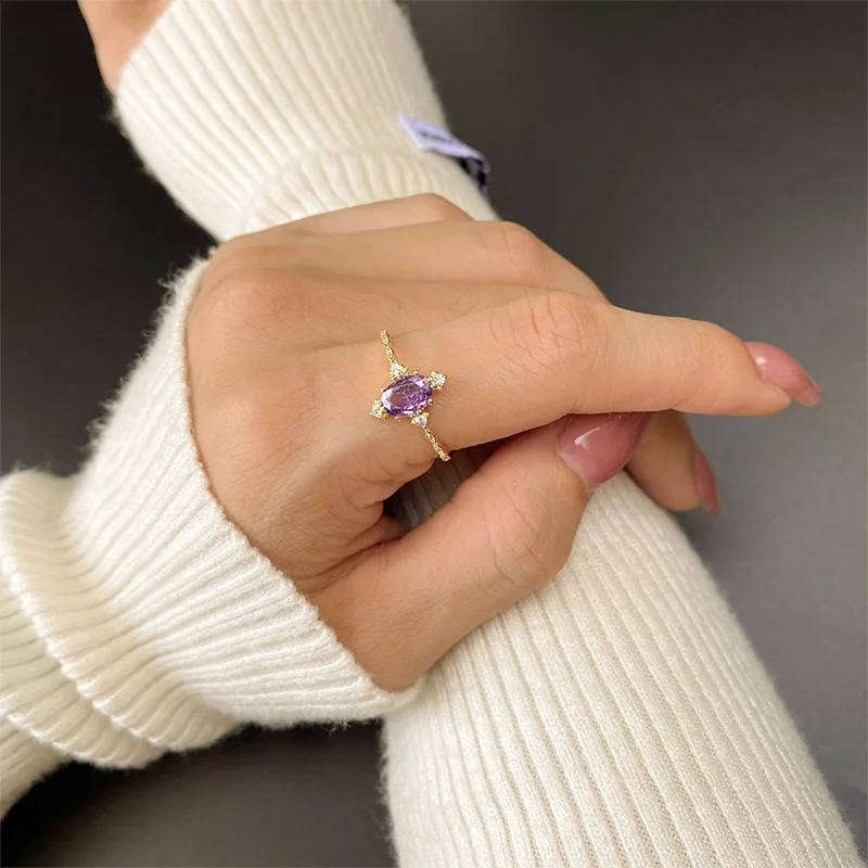 Fashionable and Authentic S925 Silver Retro Princess Style Dreamy Lavender Amethyst 14K Gold Ring Exquisite and Versatile